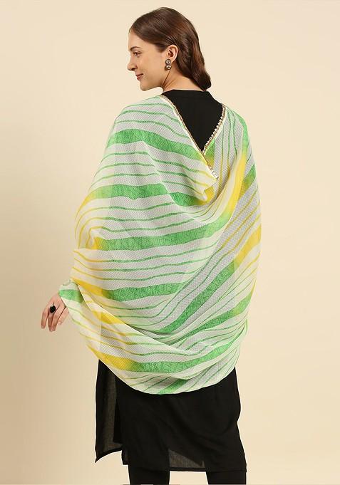 Green And Off White Printed Leheriya Dupatta