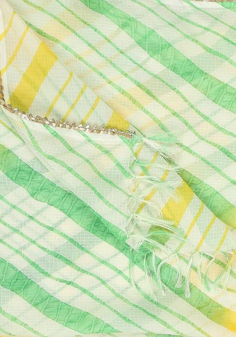 Green And Off White Printed Leheriya Dupatta
