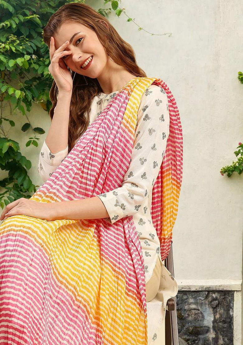 Pink And Yellow Printed Leheriya Dupatta