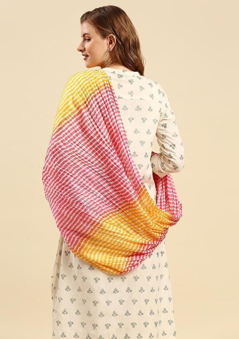 Pink And Yellow Printed Leheriya Dupatta