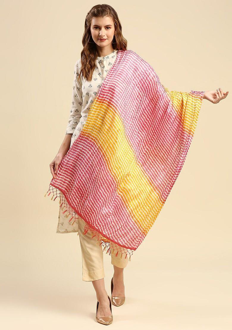 Pink And Yellow Printed Leheriya Dupatta