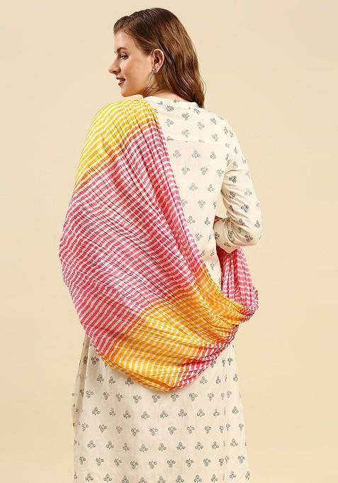 Pink And Yellow Printed Leheriya Dupatta