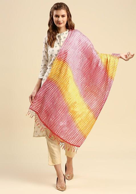 Pink And Yellow Printed Leheriya Dupatta