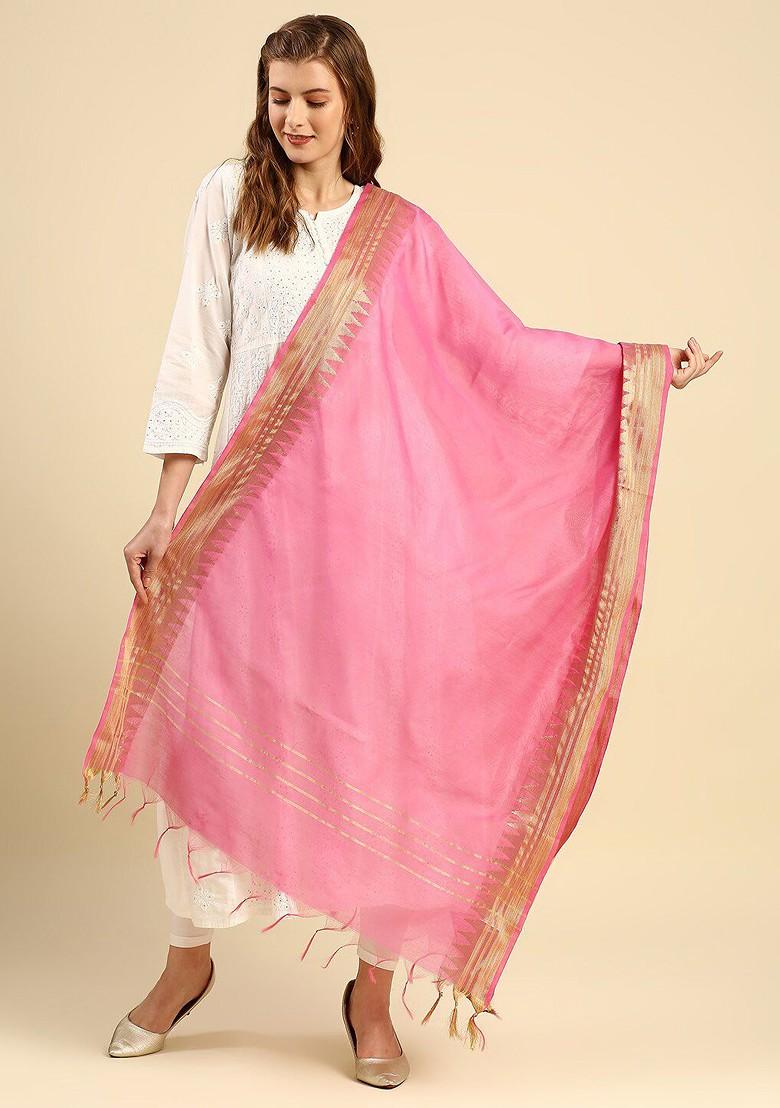 Pink And Gold Toned Tasselled Border Dupatta
