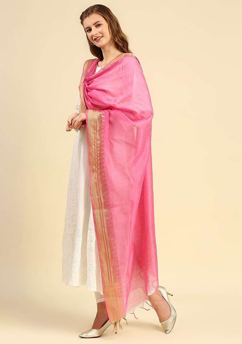 Pink And Gold Toned Tasselled Border Dupatta - Indya