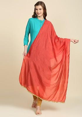 Coral And Gold Toned Solid Dupatta