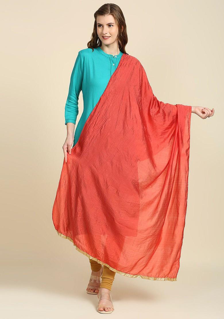 Coral And Gold Toned Solid Dupatta