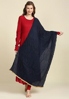 Navy Blue Silk Blend Crushed Silk Dupatta
