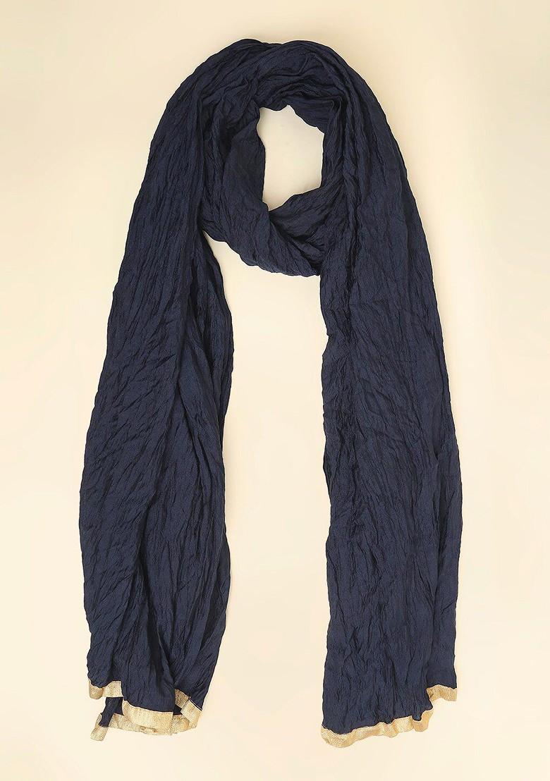 Navy Blue Silk Blend Crushed Silk Dupatta