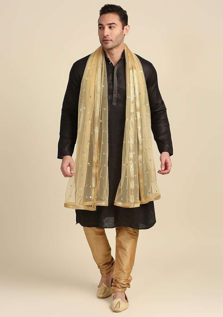 Men Gold Toned Ethnic Motifs Embroidered Dupatta With Sequinned - Indya