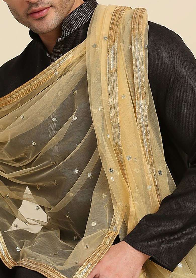 Men Gold Toned Ethnic Motifs Embroidered Dupatta With Sequinned - Indya