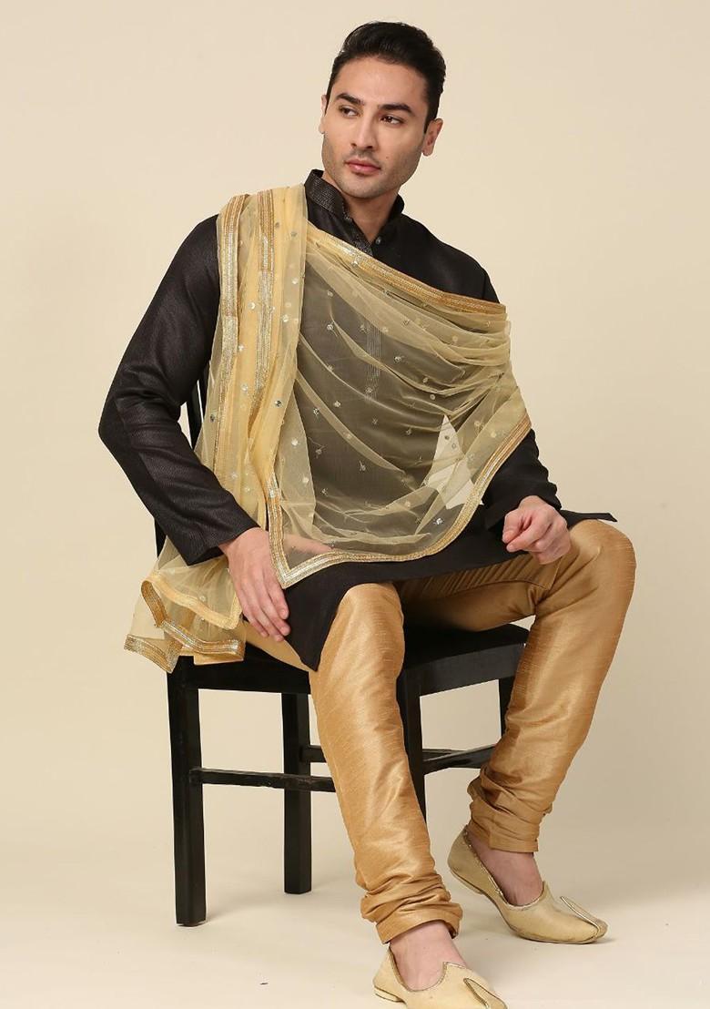 Men Gold Toned Ethnic Motifs Embroidered Dupatta With Sequinned