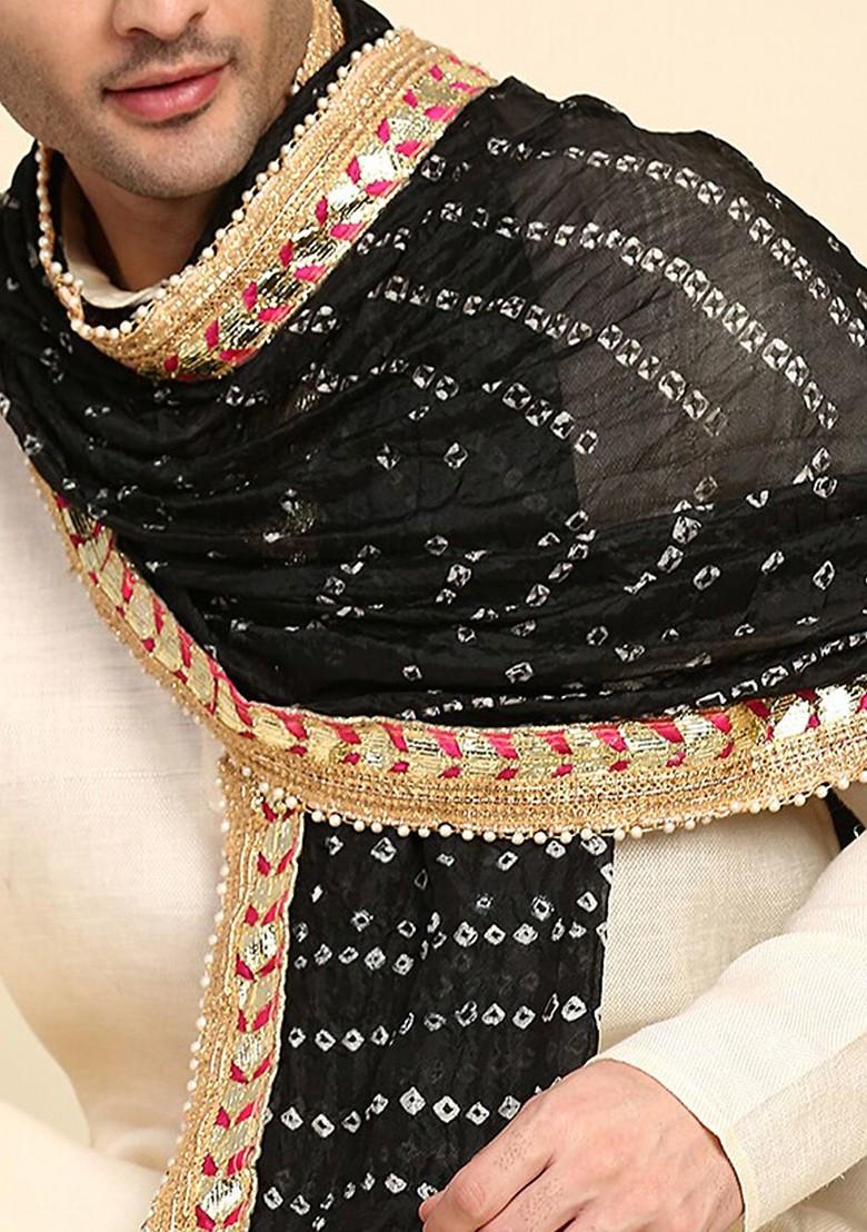 Men Black And Gold Embellished Bandhani Dupatta