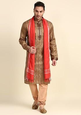 Men Red And Silver Solid Linen Dupatta
