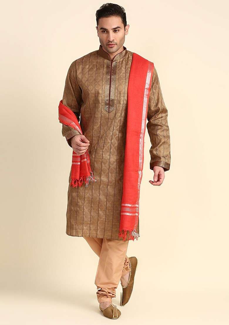 Men Red And Silver Solid Linen Dupatta - Indya