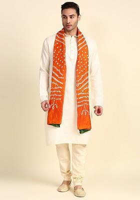 Men Orange And White Printed Bandhani Dupatta