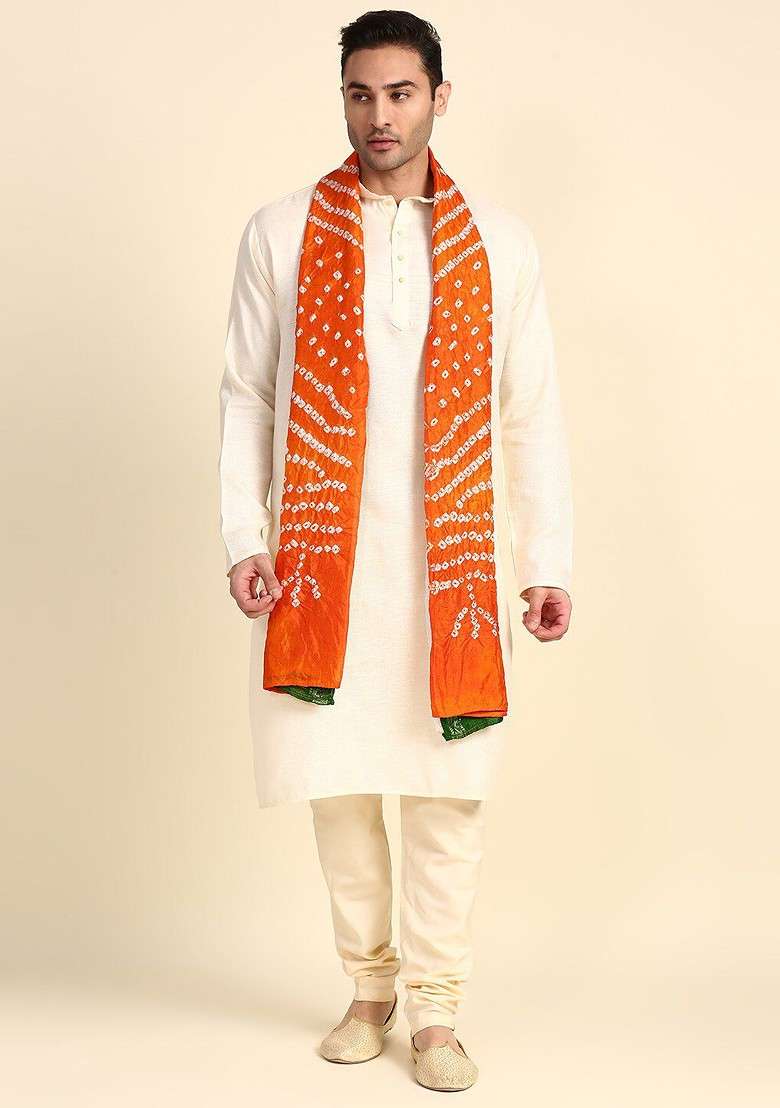 Men Orange And White Printed Bandhani Dupatta - Indya