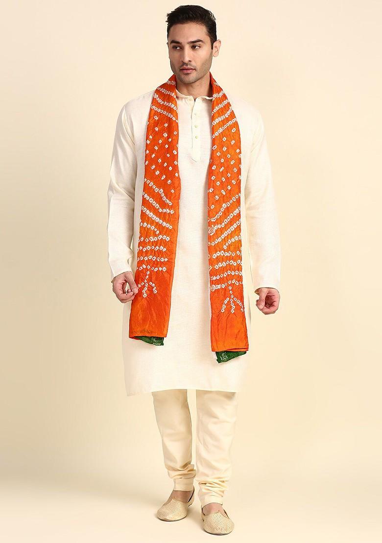 Men Orange And White Printed Bandhani Dupatta