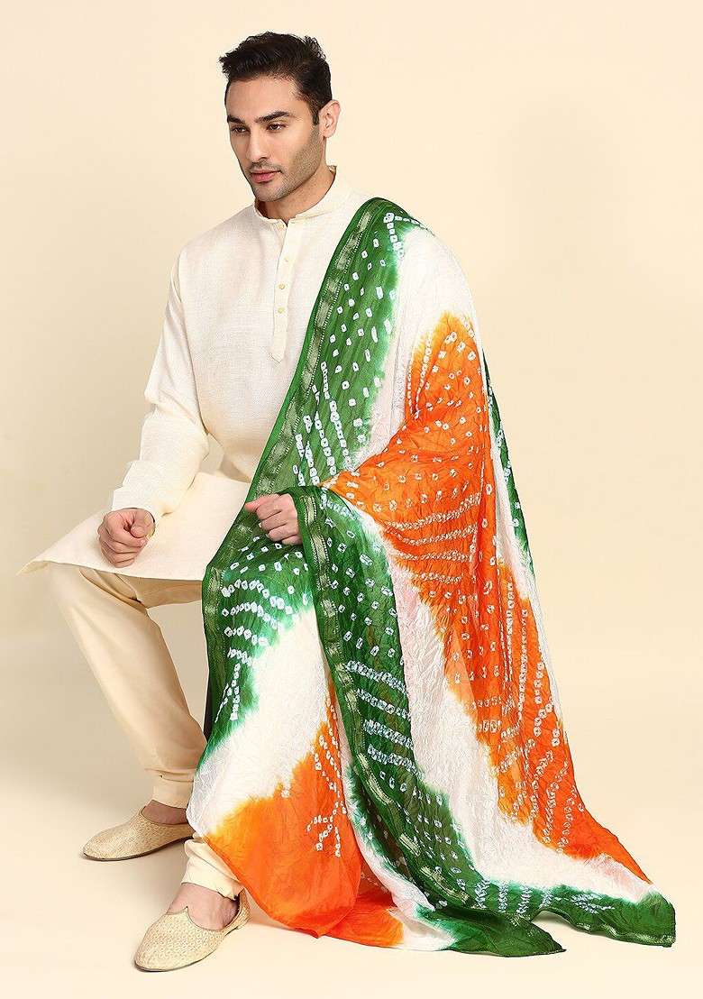 Men Orange And White Printed Bandhani Dupatta - Indya