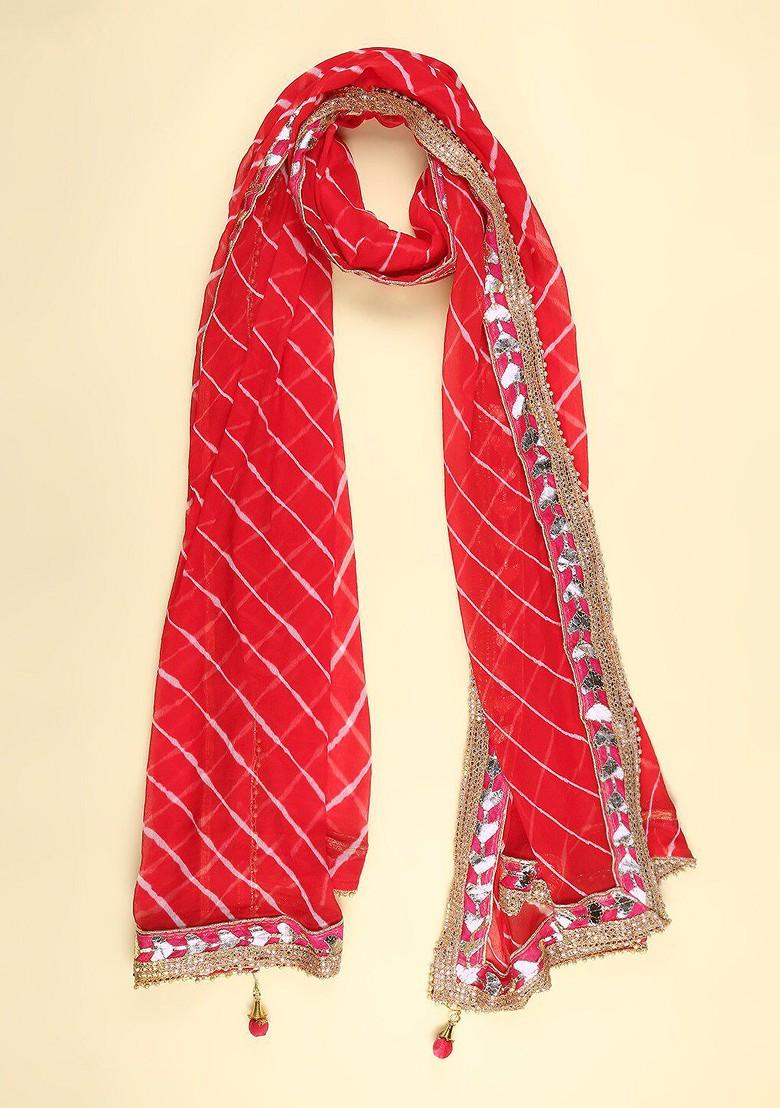 Men Red And Off White Striped Leheriya Dupatta With Gotta Patti
