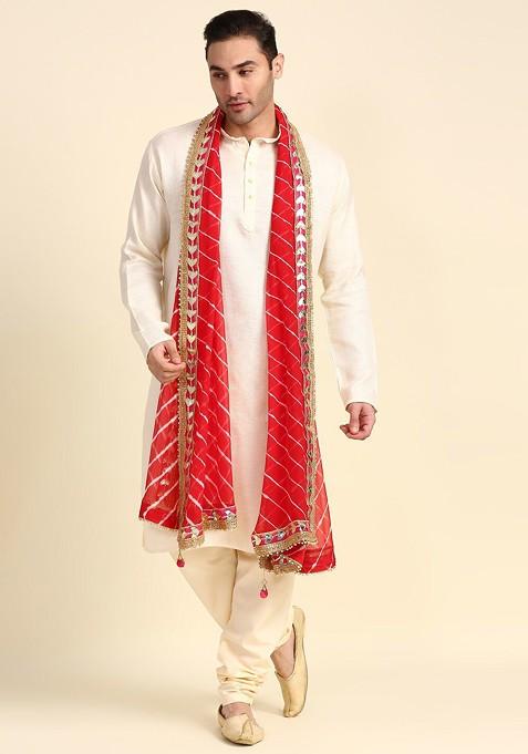 Men Red And Off White Striped Leheriya Dupatta With Gotta Patti