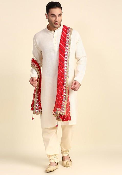 Men Red And Off White Striped Leheriya Dupatta With Gotta Patti