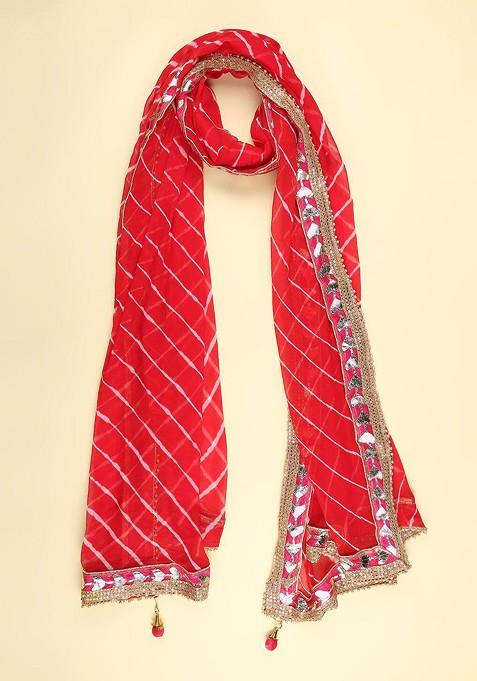 Men Red And Off White Striped Leheriya Dupatta With Gotta Patti
