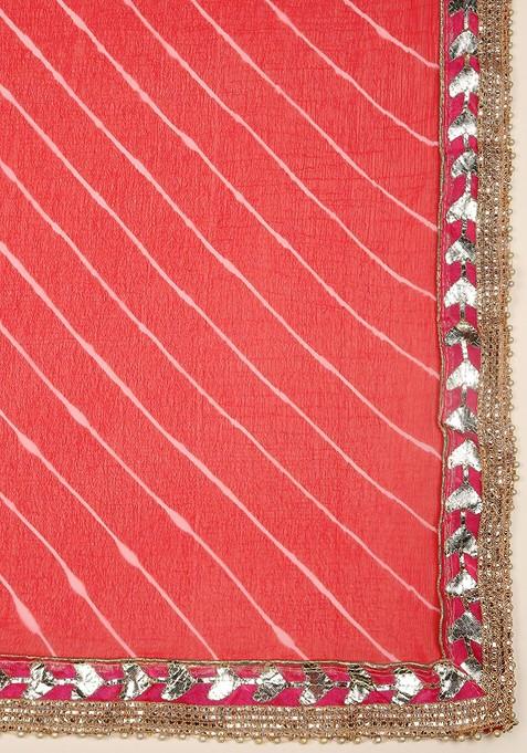 Men Red And Off White Striped Leheriya Dupatta With Gotta Patti