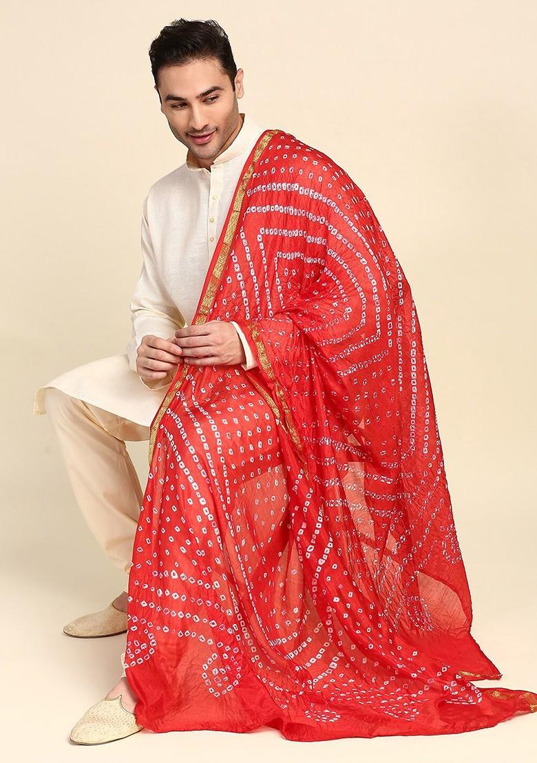 Men Red And Off White Dyed Bandhani Dupatta