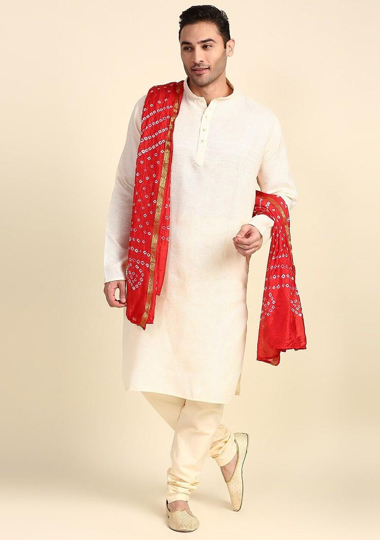 Men Red And Off White Dyed Bandhani Dupatta