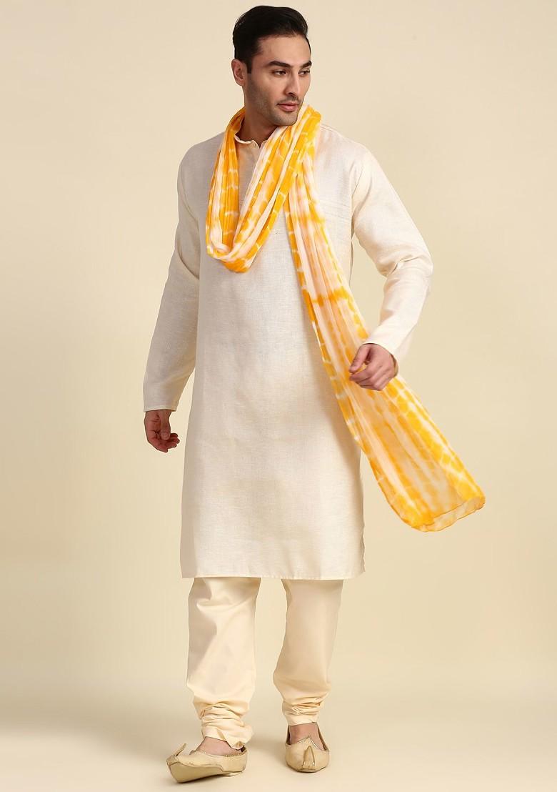 Men Yellow And Off White Dyed Shibori Dupatta