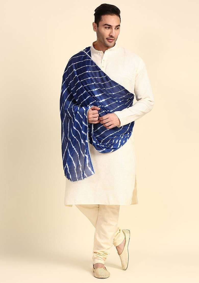 Men Blue And Off White Striped Leheriya Dupatta - Indya