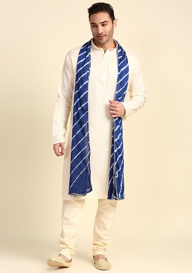 Men Blue And Off White Striped Leheriya Dupatta