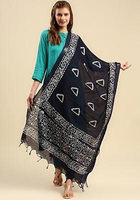 Navy Blue And Off White Ethnic Motifs Printed Batik Dupatta