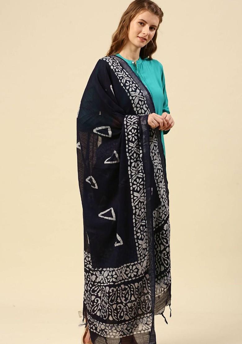Navy Blue And Off White Ethnic Motifs Printed Batik Dupatta