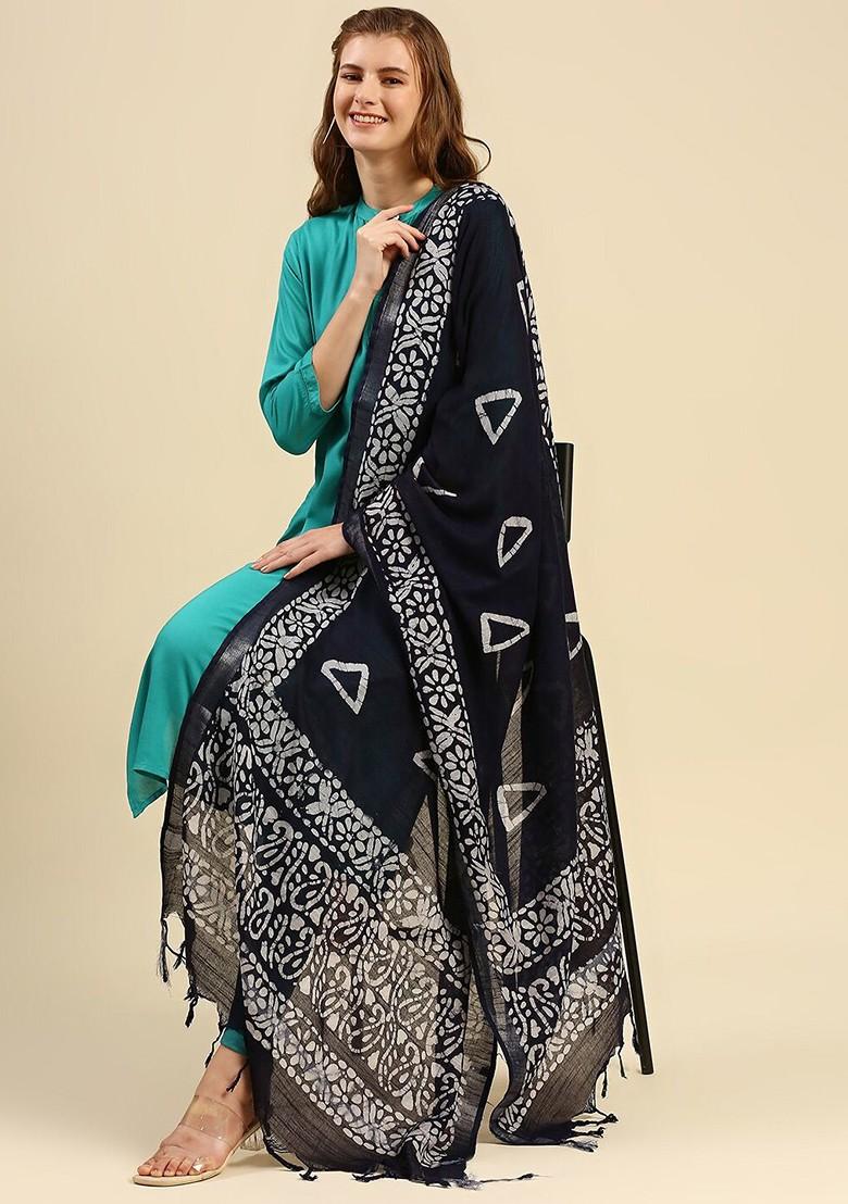Navy Blue And Off White Ethnic Motifs Printed Batik Dupatta