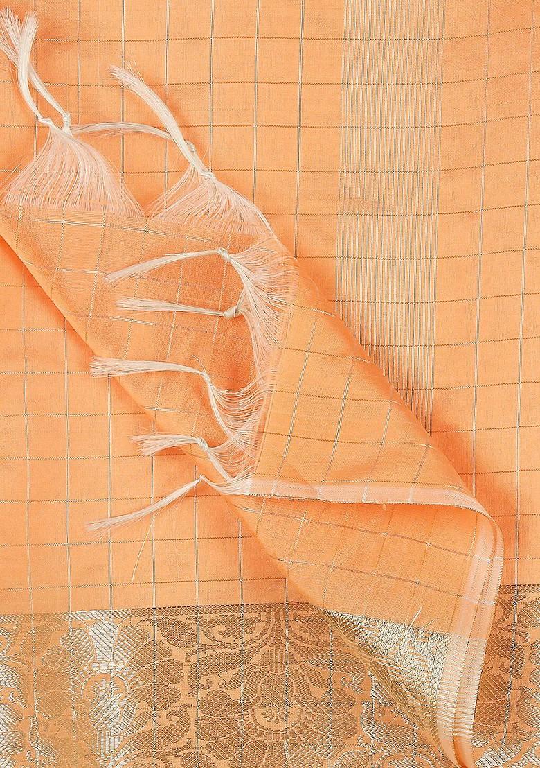 Peach Coloured And Gold Toned Checked Dupatta With Zari