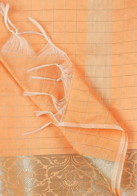 Peach Coloured And Gold Toned Checked Dupatta With Zari