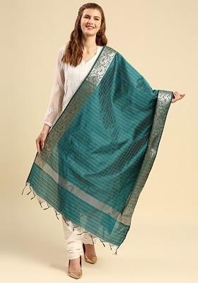 Green And Gold Toned Woven Design Dupatta