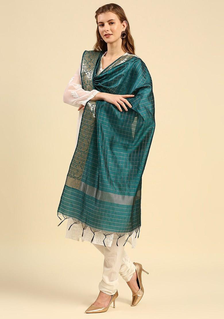 Green And Gold Toned Woven Design Dupatta