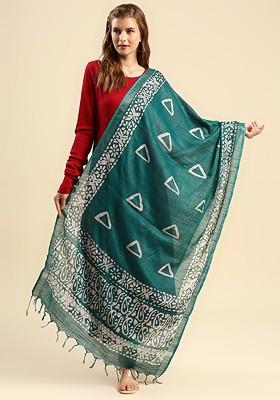 Women Teal And White Ethnic Motifs Printed Batik Dupatta
