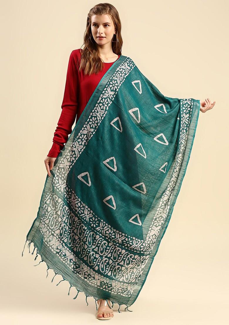 Women Teal And White Ethnic Motifs Printed Batik Dupatta