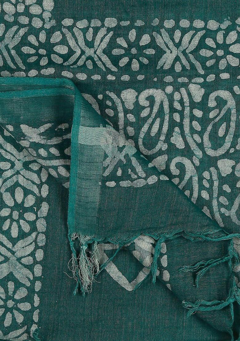 Women Teal And White Ethnic Motifs Printed Batik Dupatta