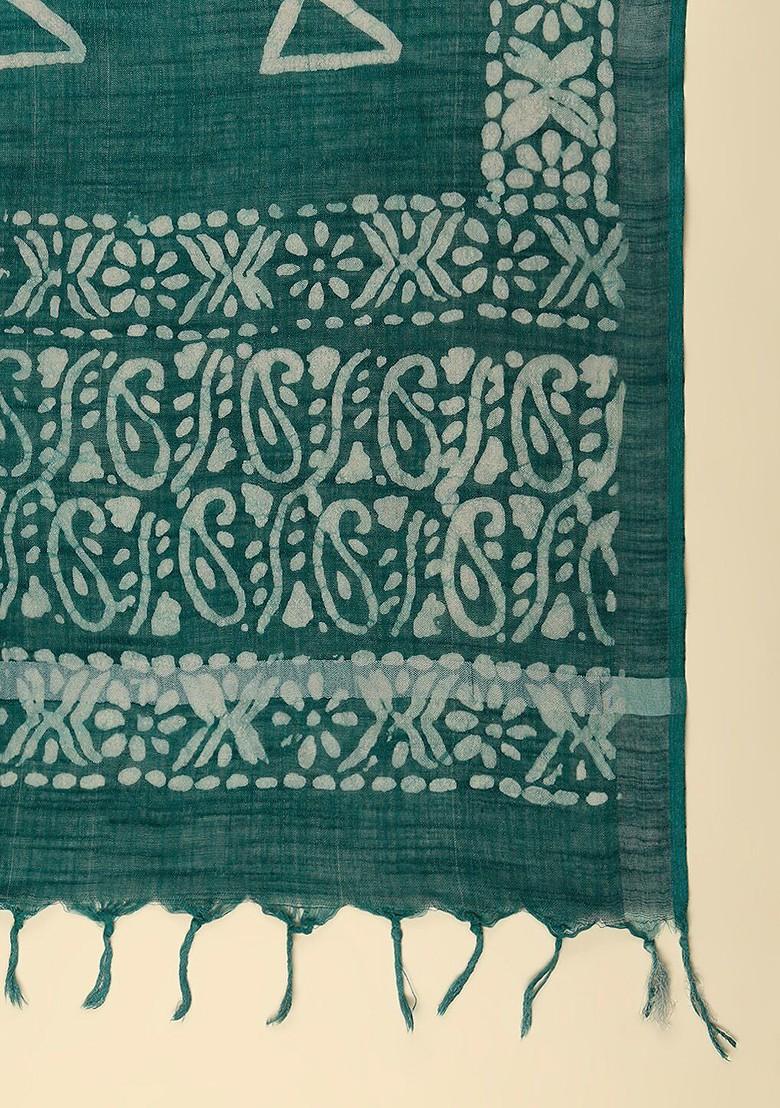 Women Teal And White Ethnic Motifs Printed Batik Dupatta