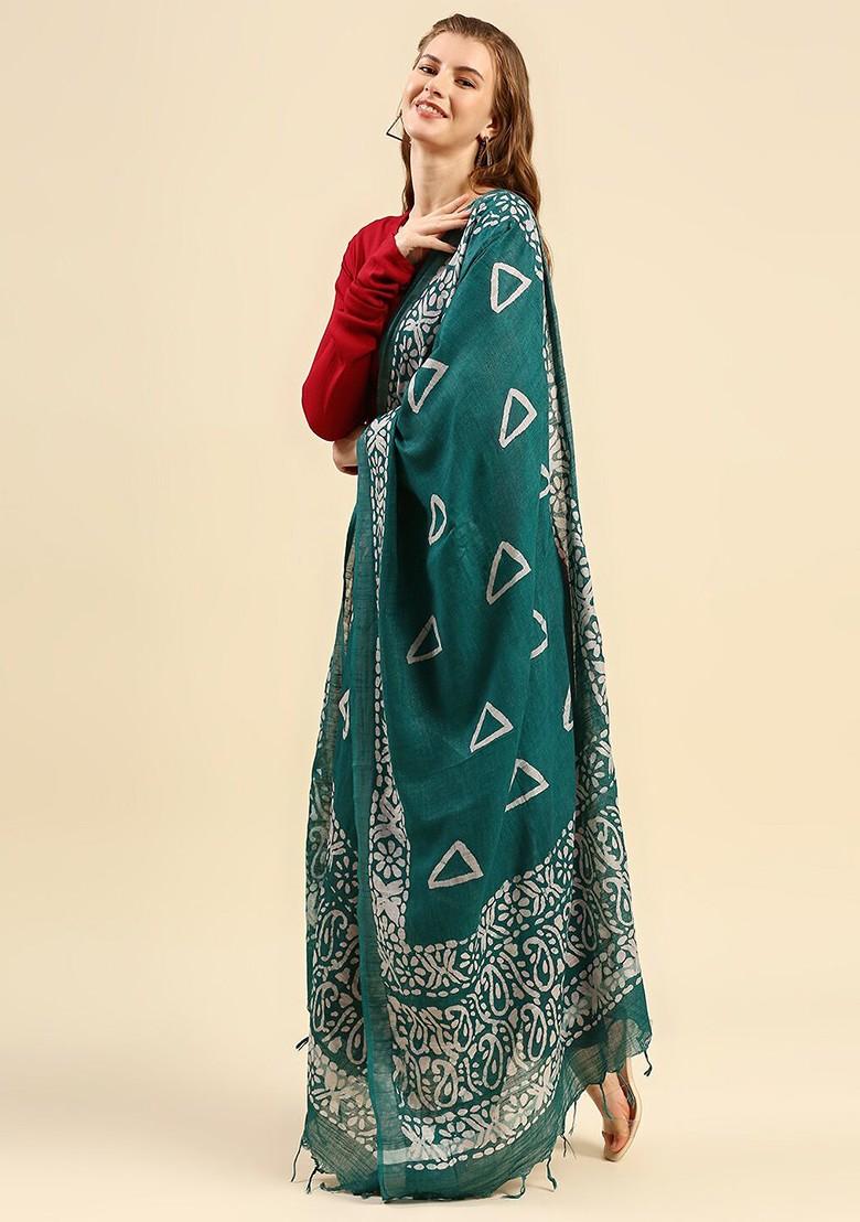 Women Teal And White Ethnic Motifs Printed Batik Dupatta