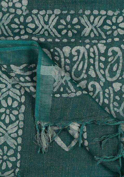 Women Teal And White Ethnic Motifs Printed Batik Dupatta