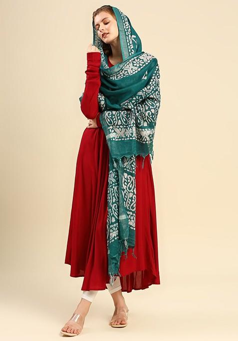 Women Teal And White Ethnic Motifs Printed Batik Dupatta