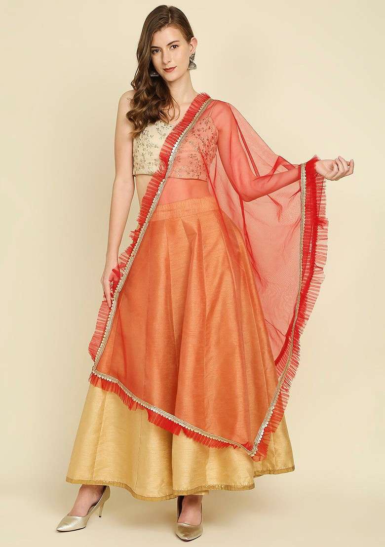 Ruffle And Lace Embellished Border Net Dupatta - Indya