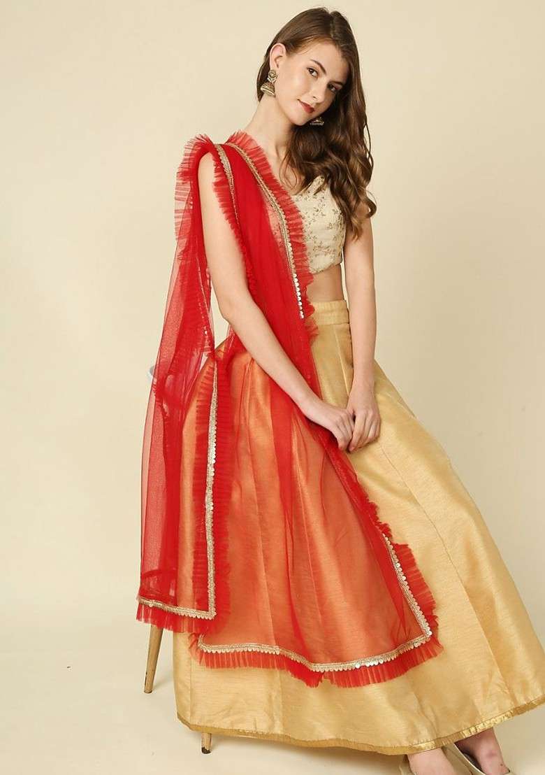 Ruffle And Lace Embellished Border Net Dupatta - Indya
