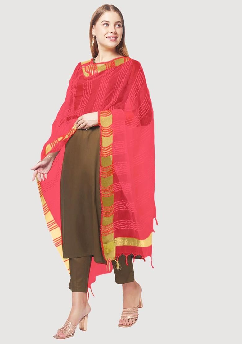 Women Red And Gold Toned Woven Design Organza Dupatta